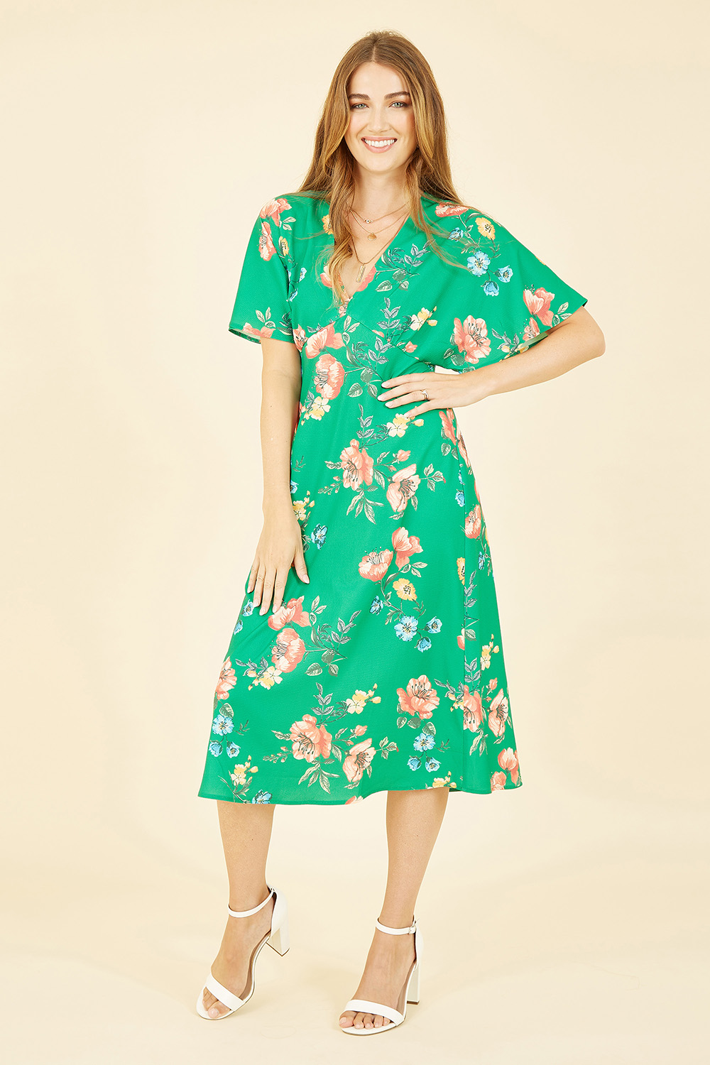 Yumi Womens Green Floral Kimono Midi Dress - Size 10 UK