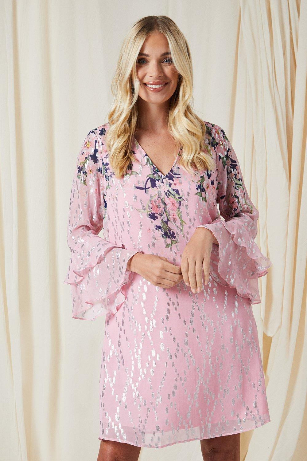 Wallis Women's Petite Floral Metallic Ruffle Sleeve Shift Dress in Pink | Size: 8