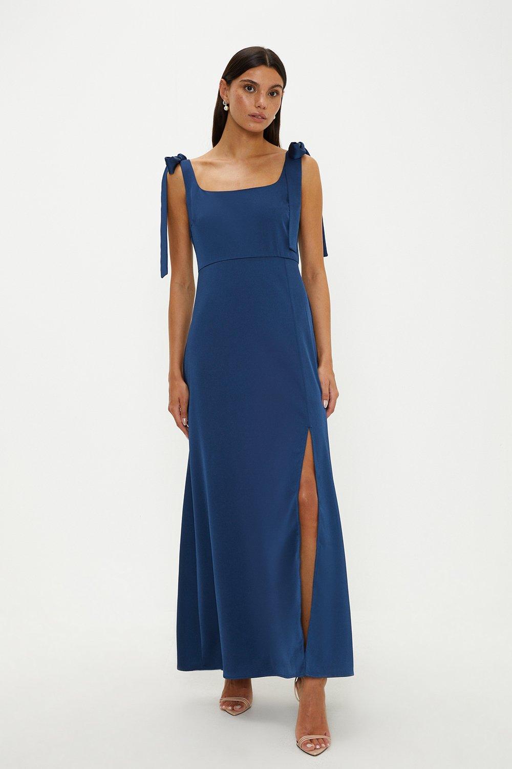 Oasis Womens Satin Tie Shoulder Midi Bridesmaids Dress - Navy - Size 8 UK
