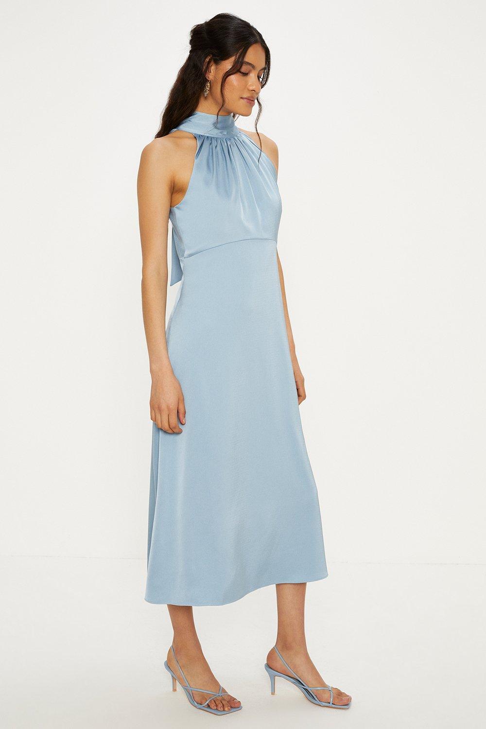 Oasis Womens Satin Halter Neck Midi Bridesmaids Dress - Blue - Size 14 UK