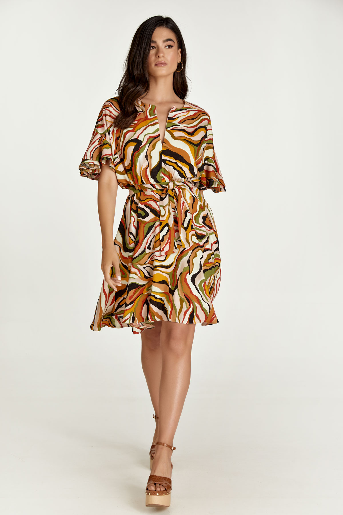 Thumbnail - Ziegelfarbenes Printkleid mit Rüschenärmeln