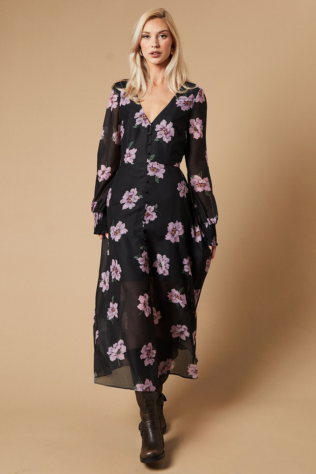 Oasis Womens Occasion Floral Button Midaxi Dress - Black - Size 12 UK