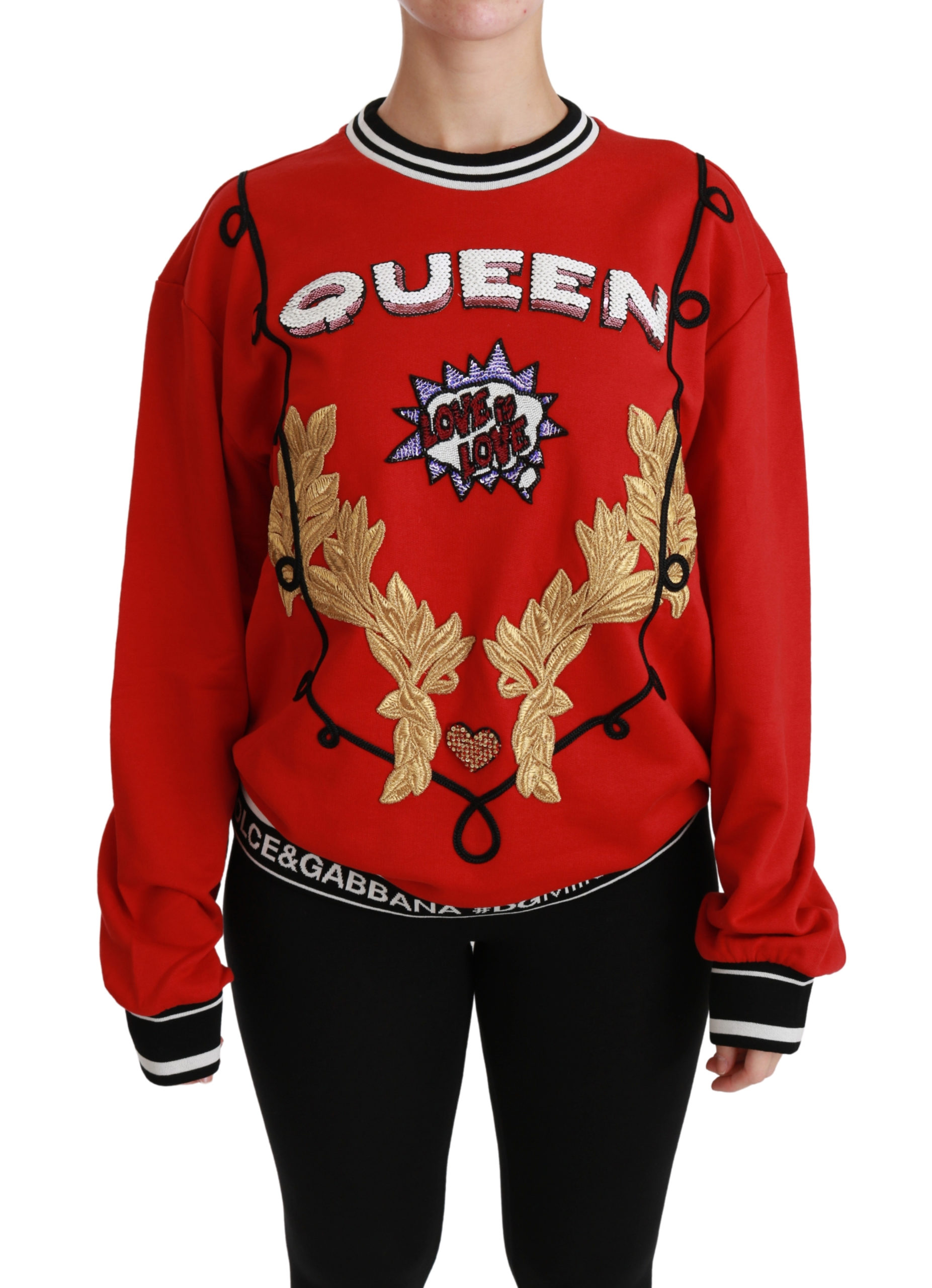 Dolce & Gabbana Womens Sequined Love Pullover Sweater - Red Cotton - Size IT 42 (Women's)