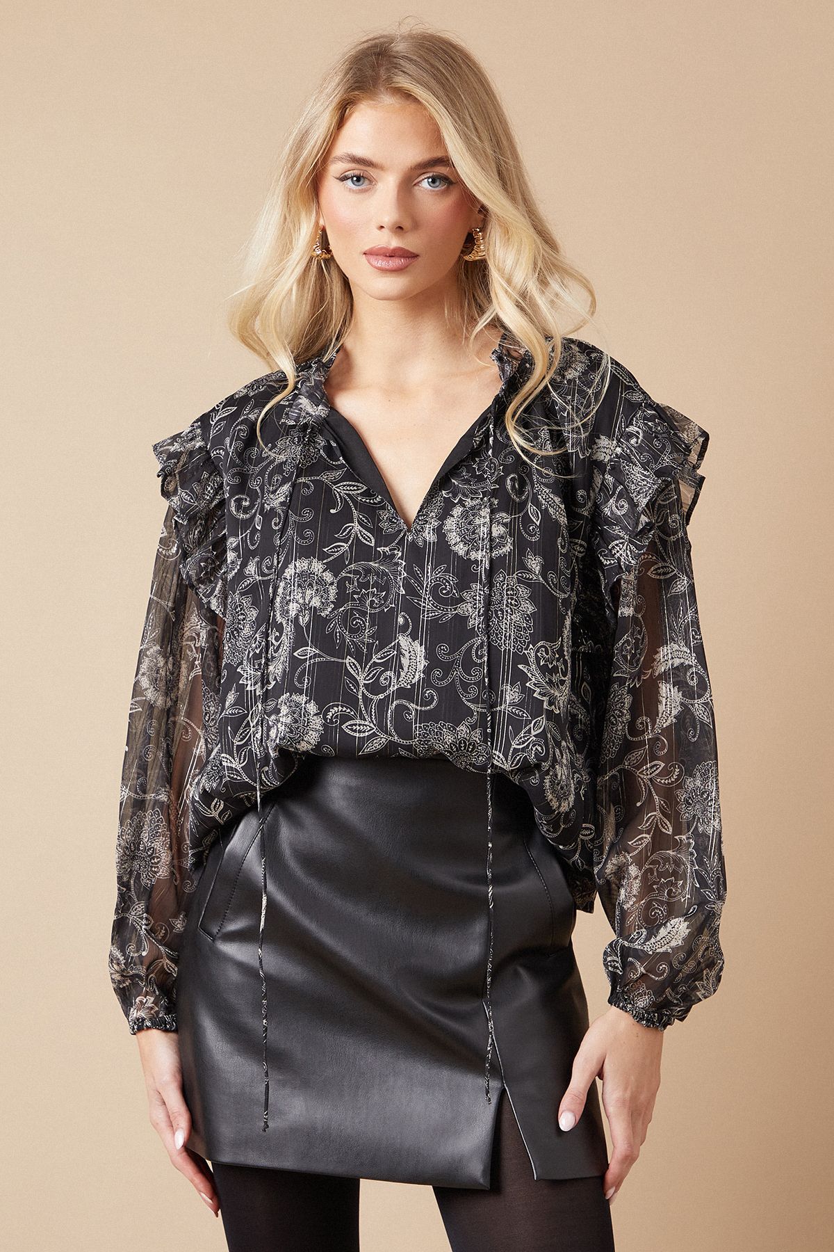 Oasis Womens Petite Paisley Metallic Chiffon Tie Neck Blouse - Black - Size 10 UK