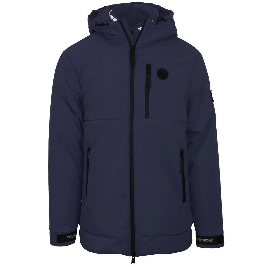Plein Sport Mens Padded Small Circular Logo Branded Navy Blue Jacket - Size 2XL
