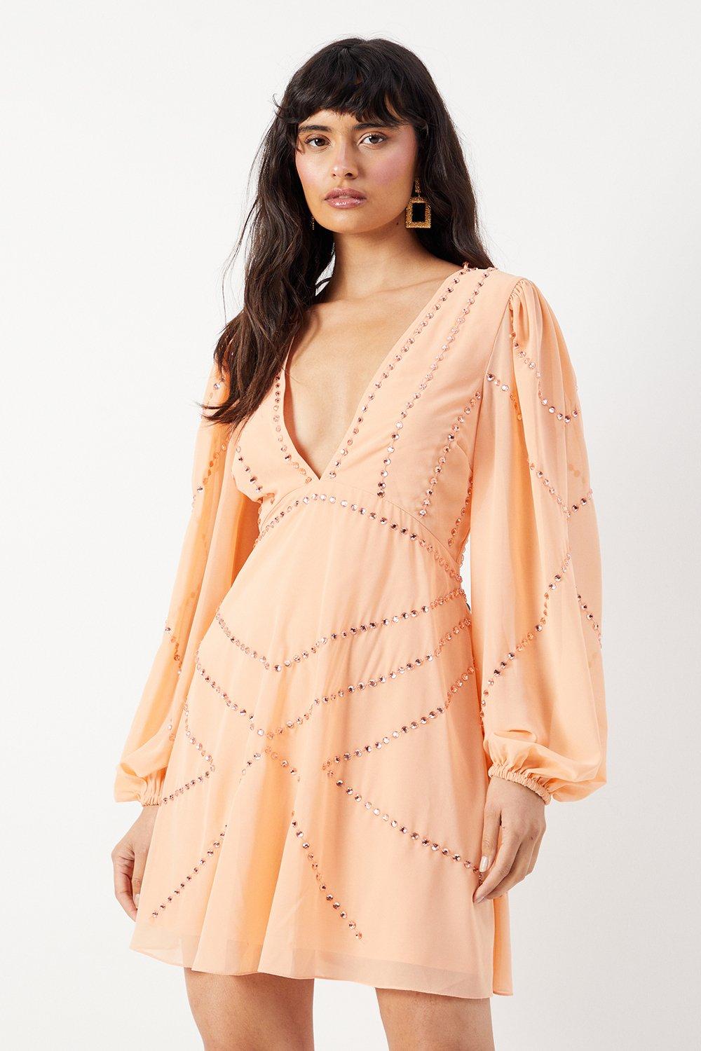 Warehouse Womens Premium Chiffon Embellished Plunge Neck Mini Dress - Coral - Size 12 UK