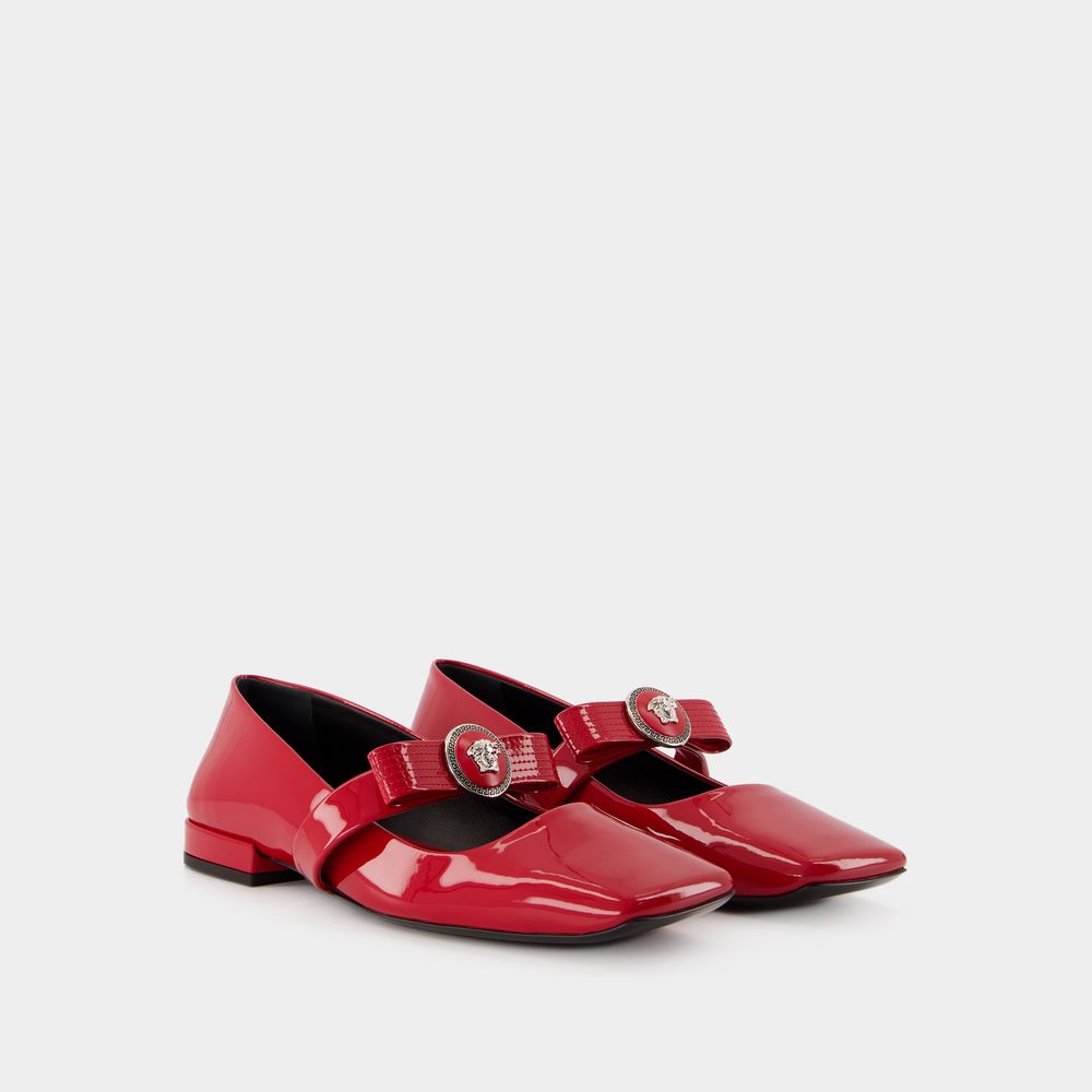 Thumbnail - Flache Schuhe Gianni Ribbon - Versace - Leder - Rot