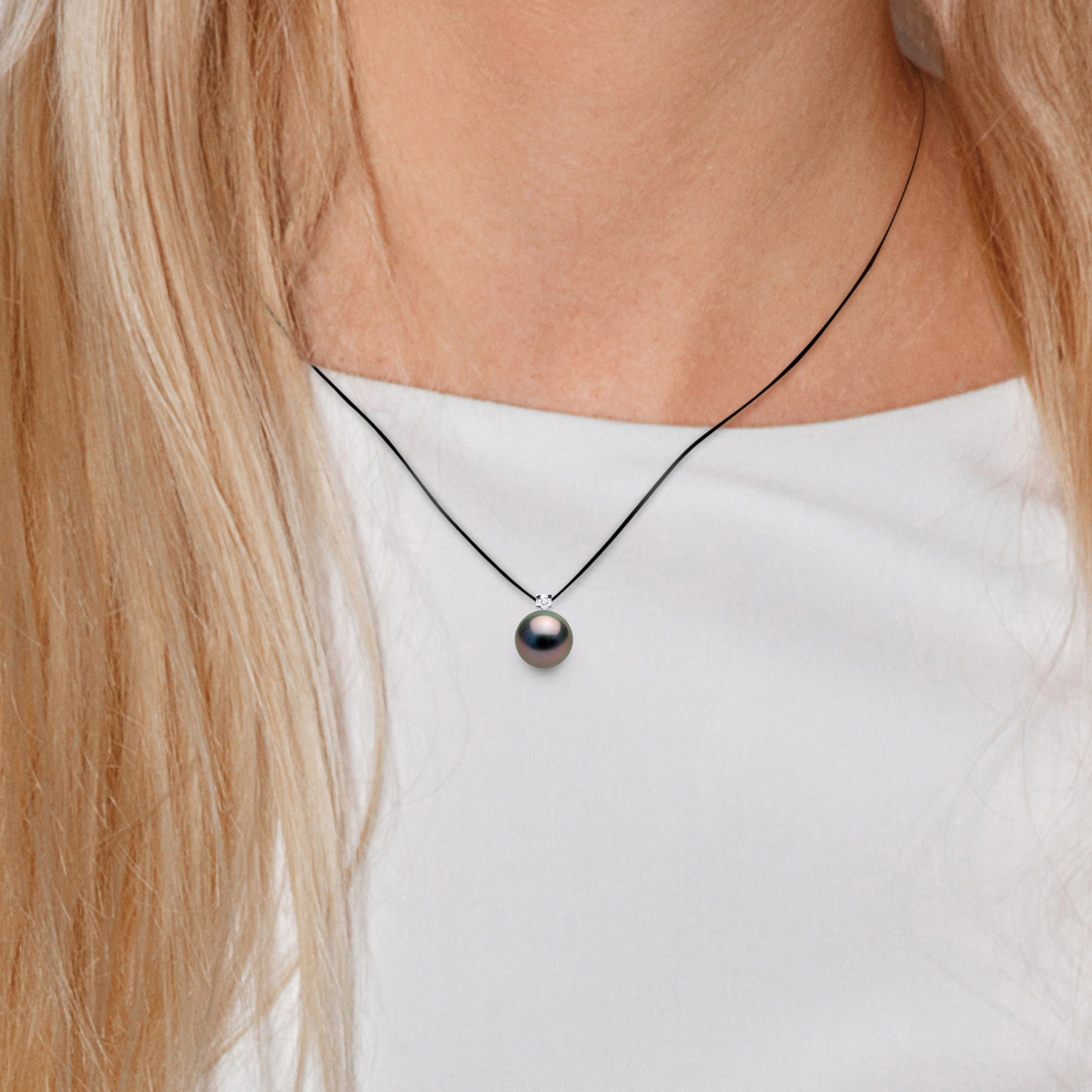 Diadema Halsband Svart nylon Tahitipärla och äkta diamant dam – bild 2