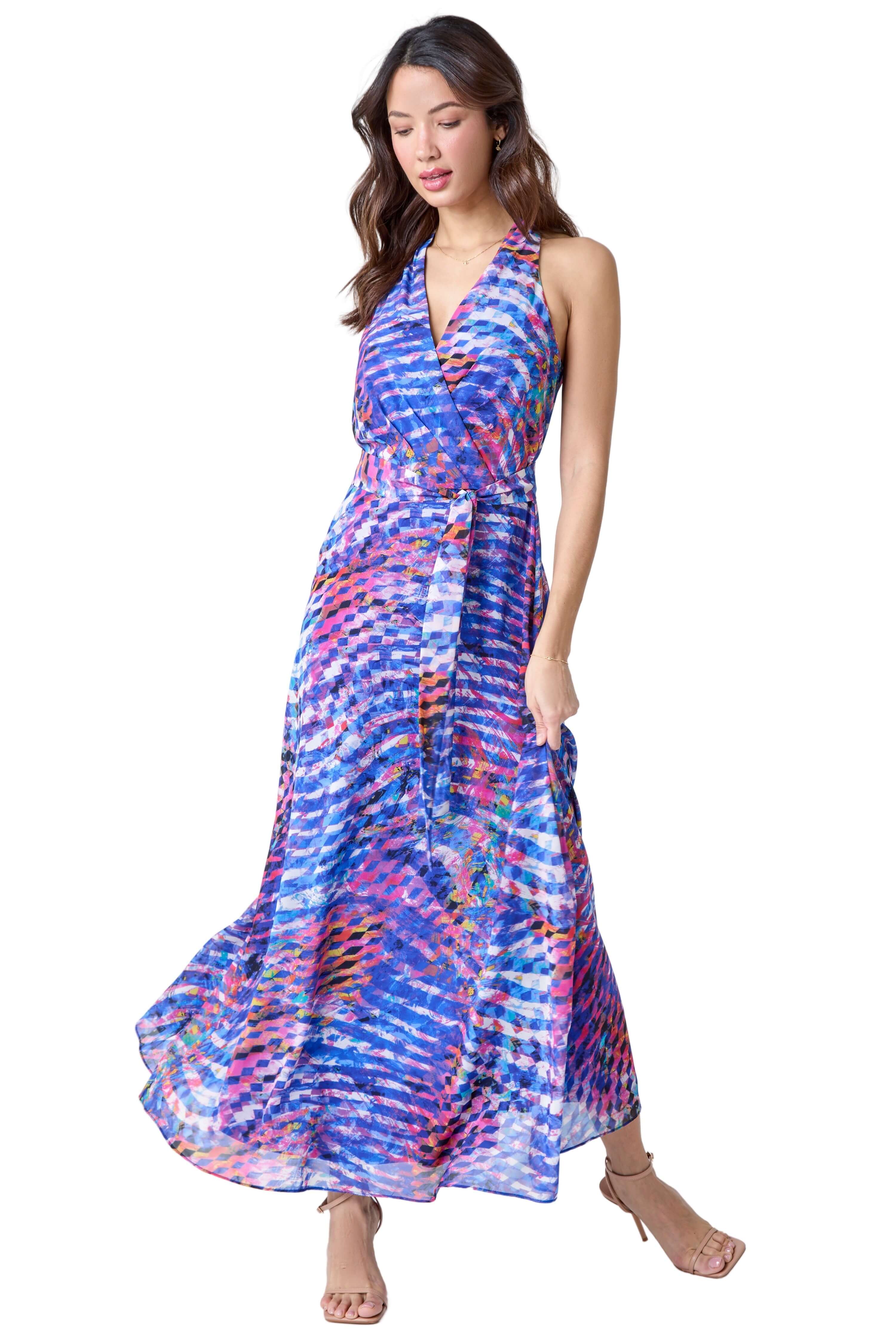 Roman Womens Abstract Print Halterneck Maxi Dress - Blue - Size 18 UK
