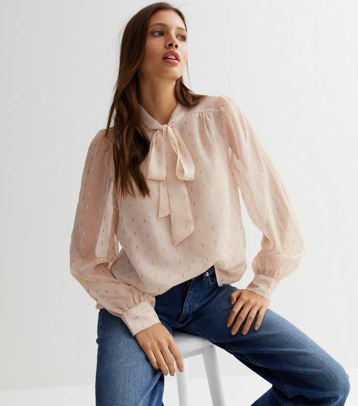 Thumbnail - Bluse mit Krawattenausschnitt und langen Ärmeln