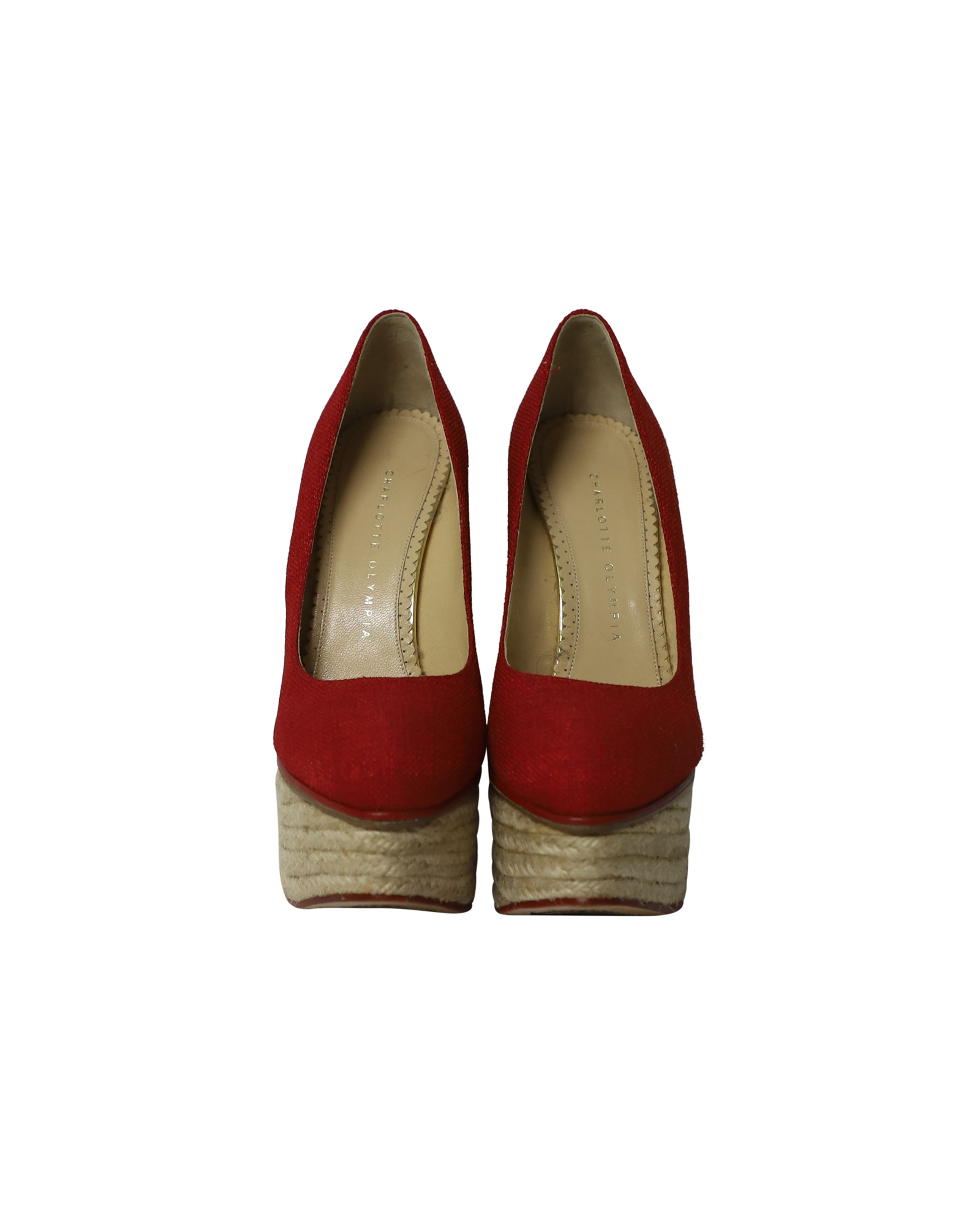 Charlotte Olympia Carmen Espadrille Plattform Wedge Pumpar i Röd Canvas 2