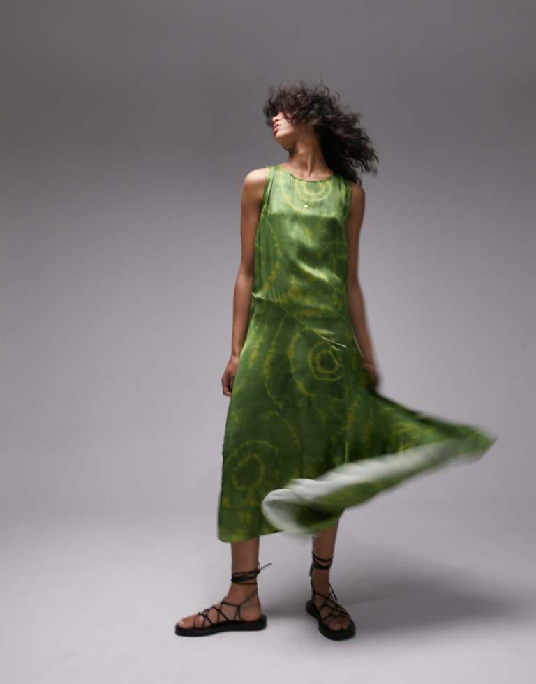 Topshop Womens slash tie dye sleeveless midi dress in green - Size 4 UK