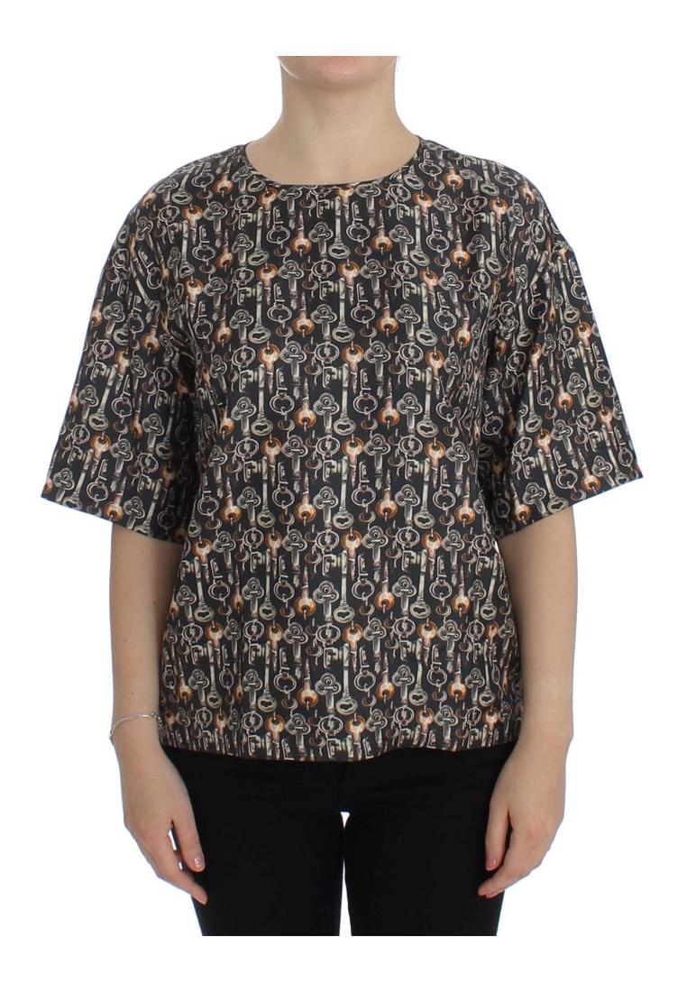 Dolce & Gabbana WoMens Gray Gold Key Print Silk Blouse T-shirt – Grey material_silk – Size IT 38 (Womens)
