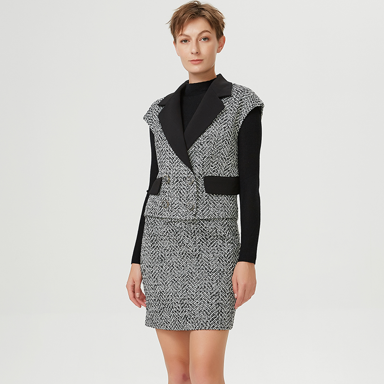 Tweedvest met contrasterende kraag