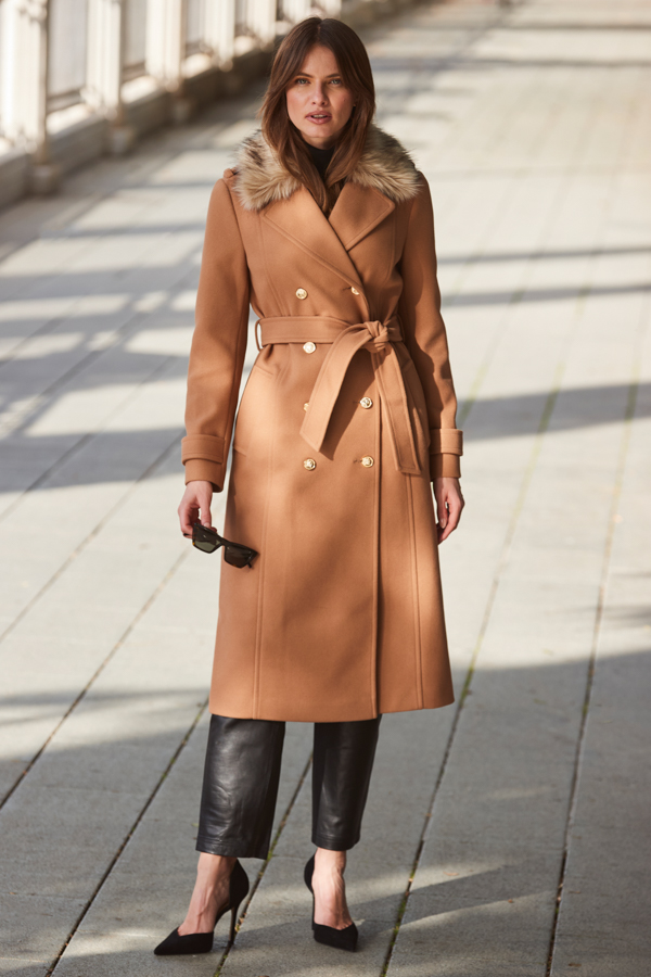 Sosandar Womens Camel Longline Faux Wool Trench Coat with Fur Collar - Tan - Size 18 UK