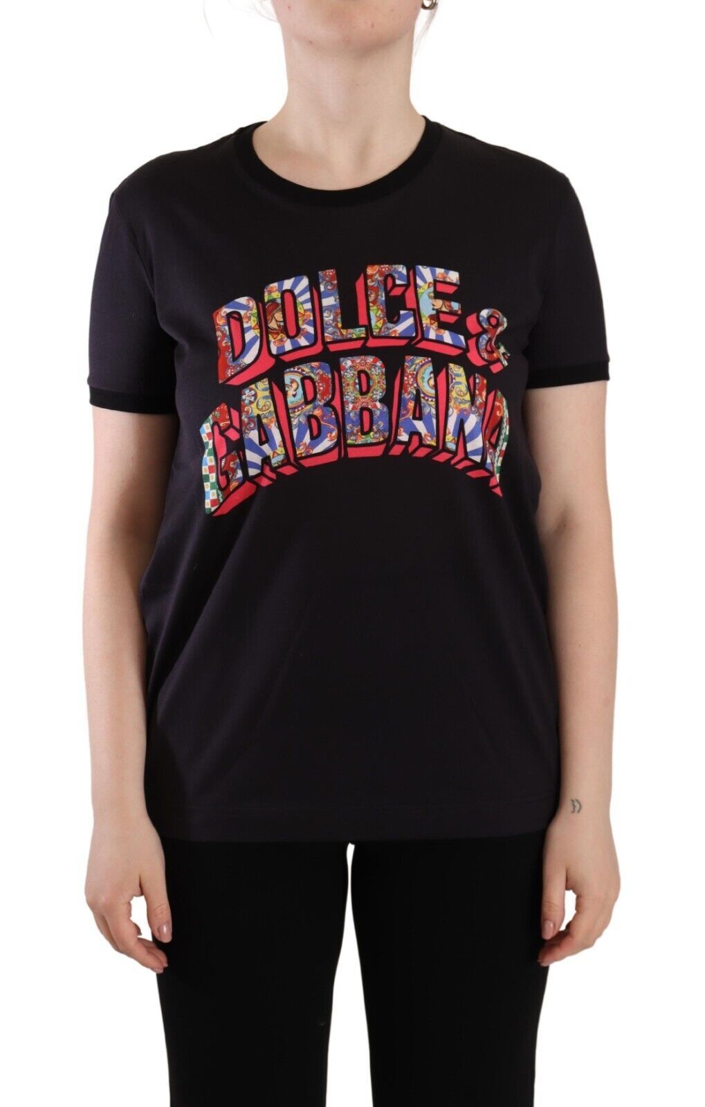 Dolce & Gabbana Black Logo Print Cotton Crew Neck Tee Womens T-shirt – Size Medium