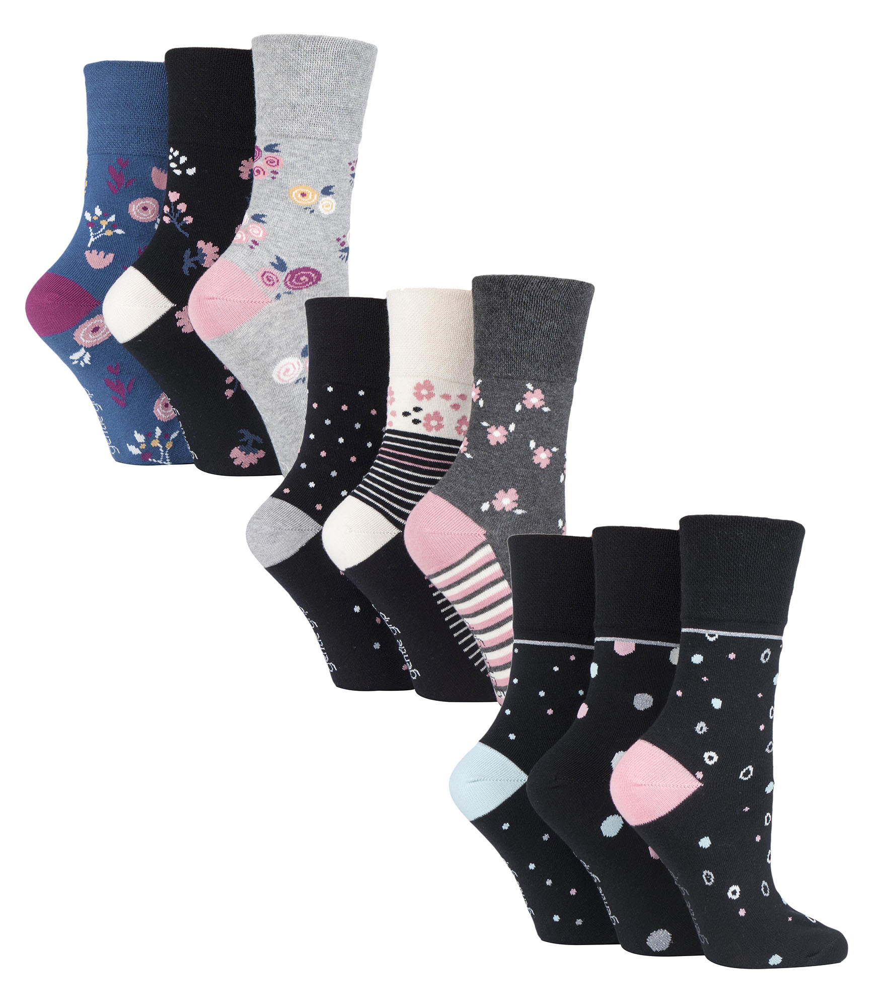 Thumbnail - 9 Paar Multipack Ladies Cotton Crew Non Elastic Socks | Gentle Grip | Womens Soft Top Striped Patterned Non Binding Sock...