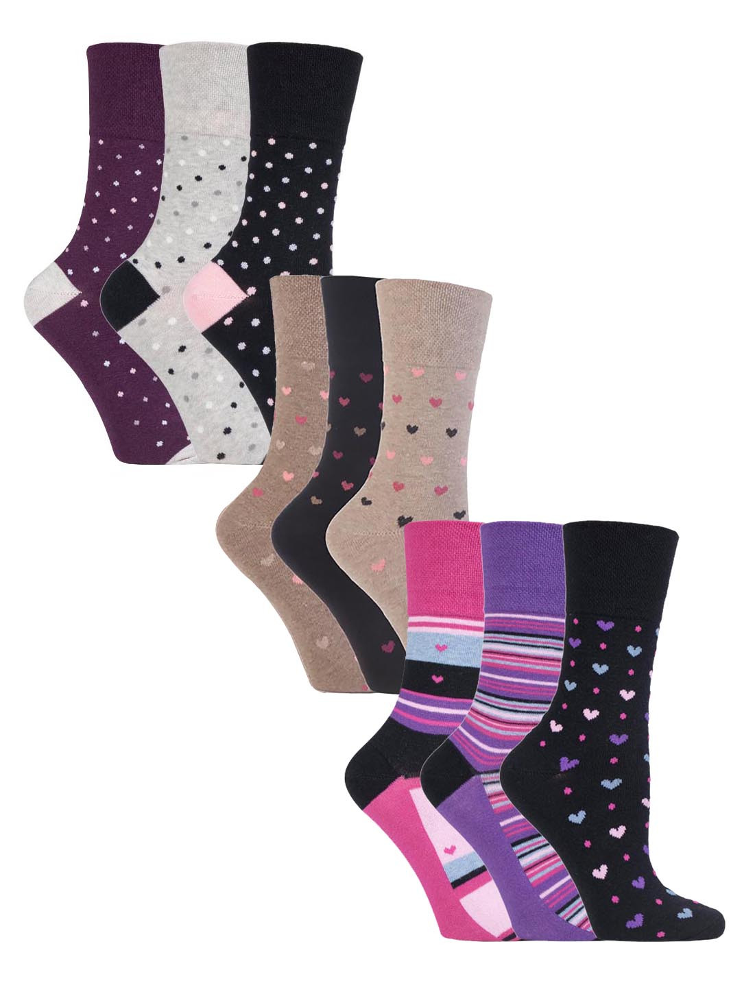 Thumbnail - 9 Paar Multipack Ladies Cotton Crew Non Elastic Socks | Gentle Grip | Womens Soft Top Striped Patterned Non Binding Sock...