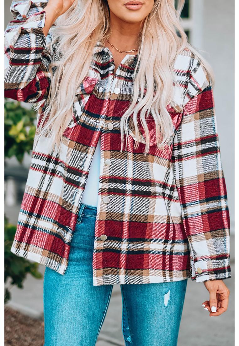 Thumbnail - Azura Exchange Damen Geometrisches Karomuster Jacke mit Taschen in Rot