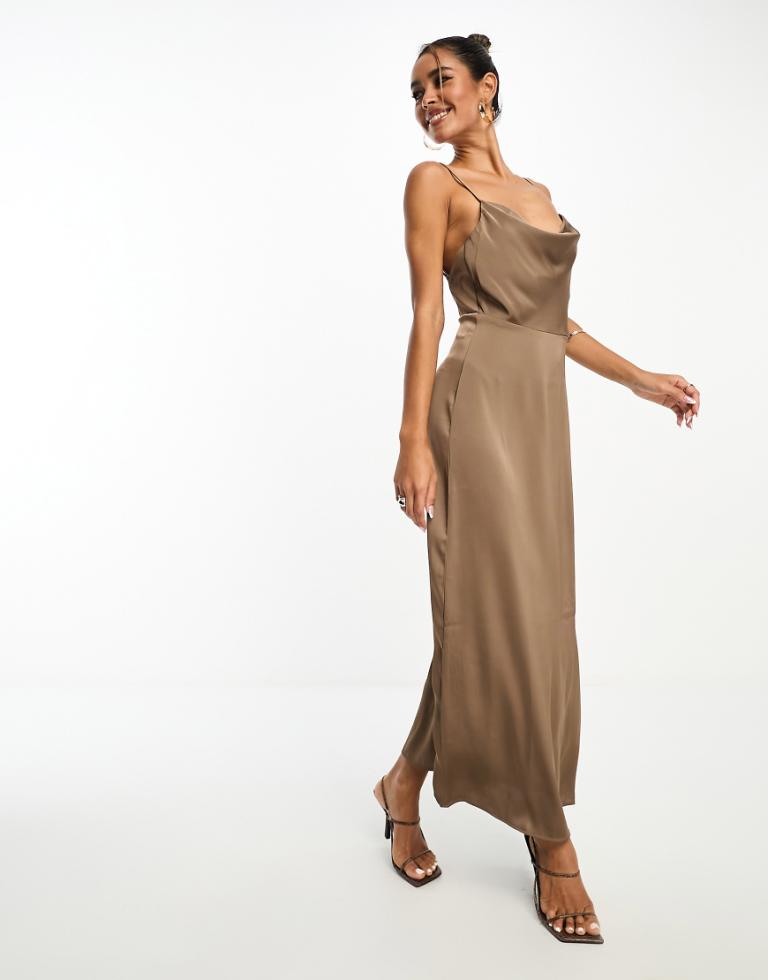 Vila Womens Bridesmaid satin cowl neck maxi dress in brown - Size EU 40 (Womens)
