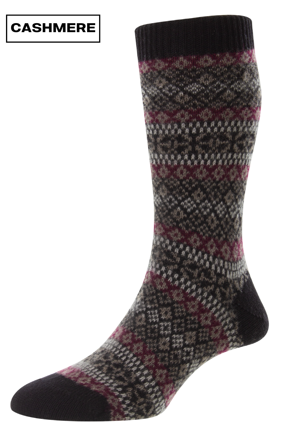 Pantherella Mens Sherborne Fair Isle Cashmere Sock in Claret/Red/Brown Pattern Fabric - Size UK 7-9