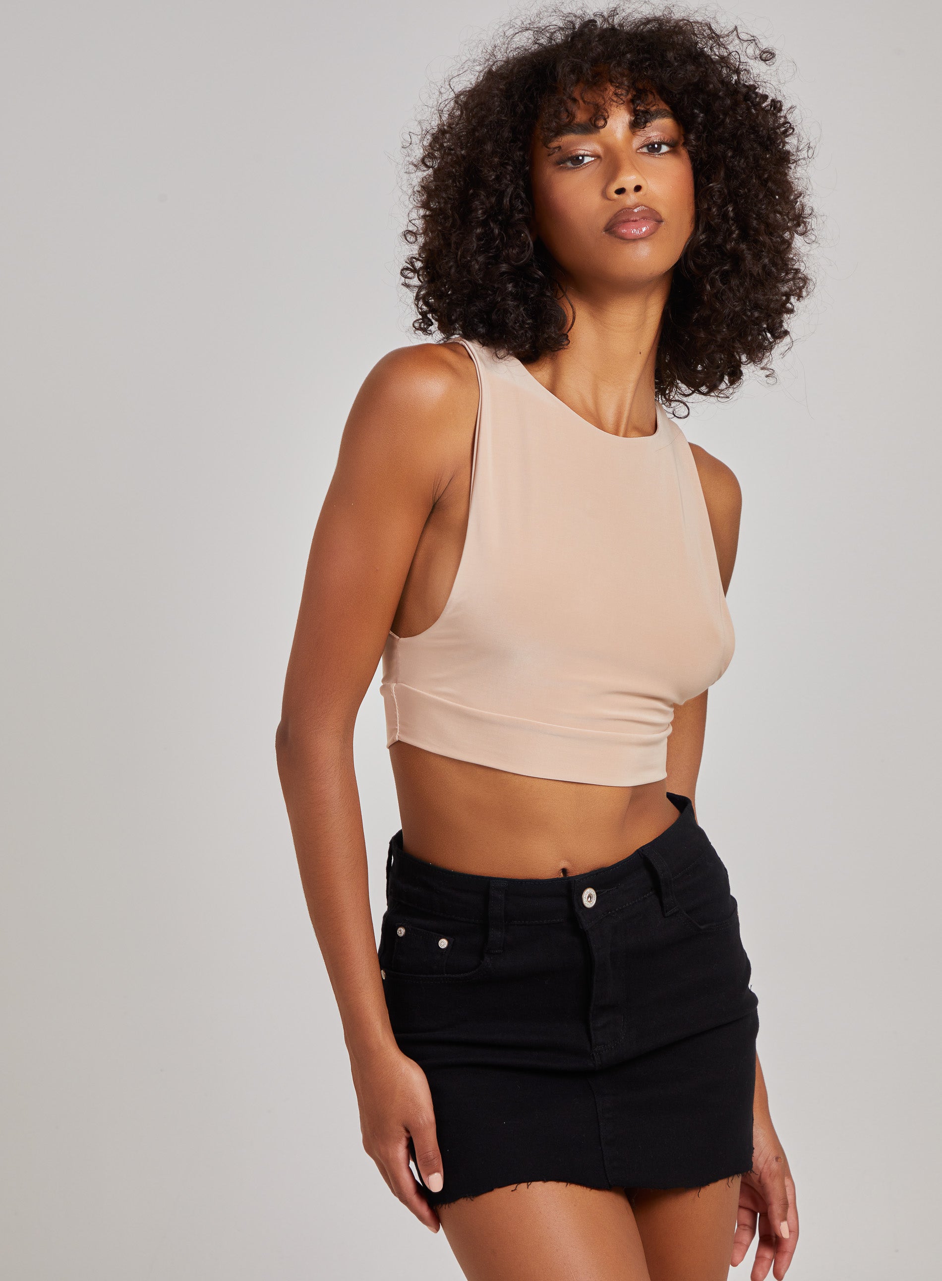 Pink Vanilla Womens Sleeveless Slinky Crop Top - Stone - Size Medium/Large
