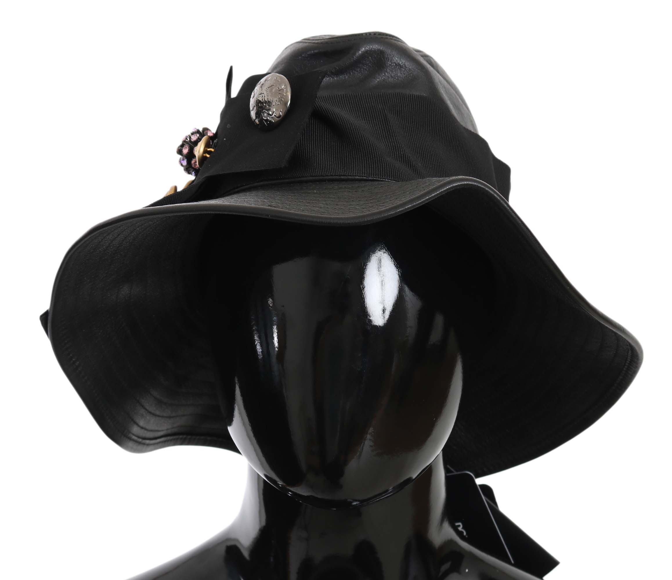 Dolce & Gabbana Chapeau à large bord en cuir noir DG Coin Crystal pour femme