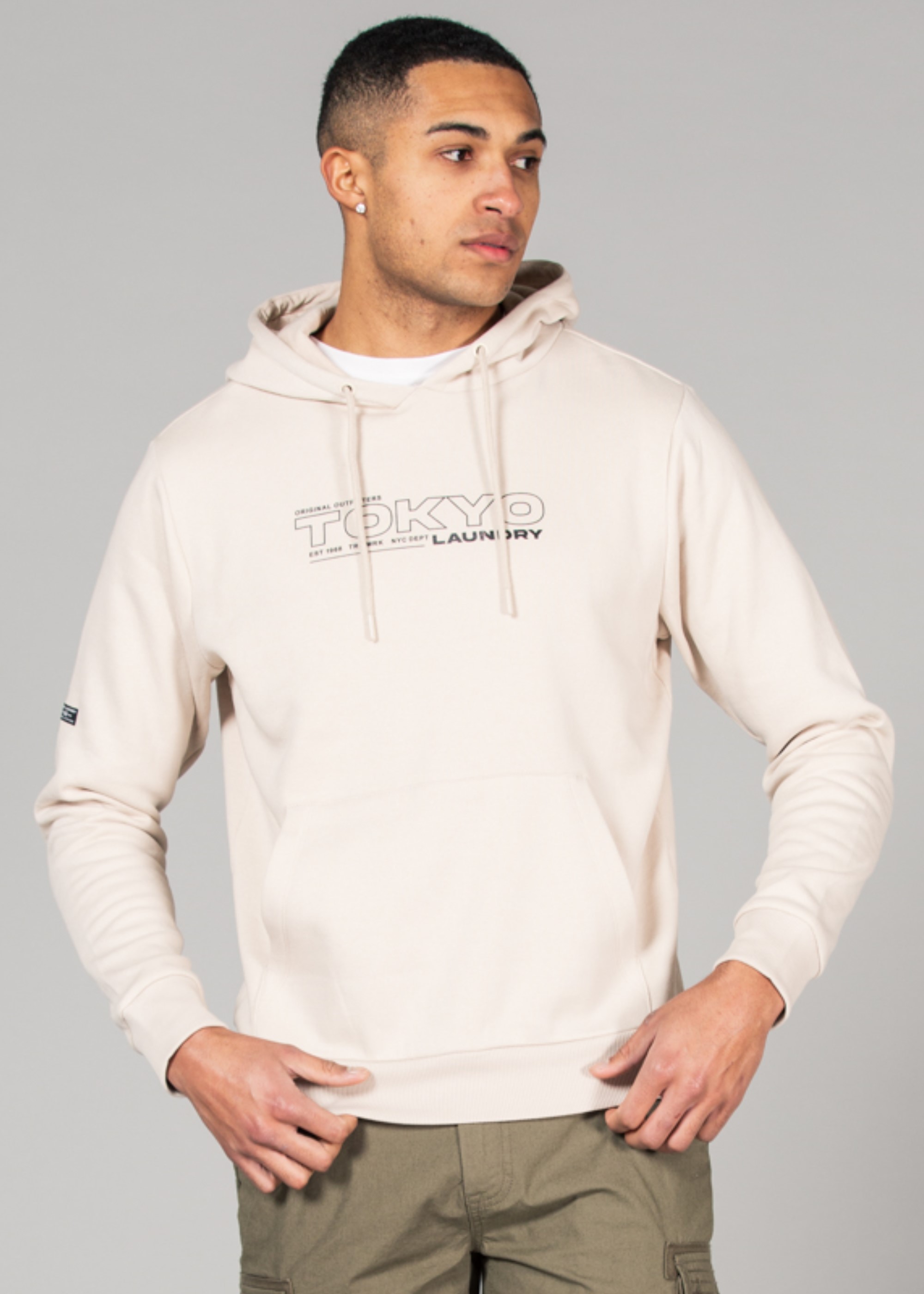 Tokyo Laundry Mens Stone Cotton Blend Hoody With Branding Print - Size Large