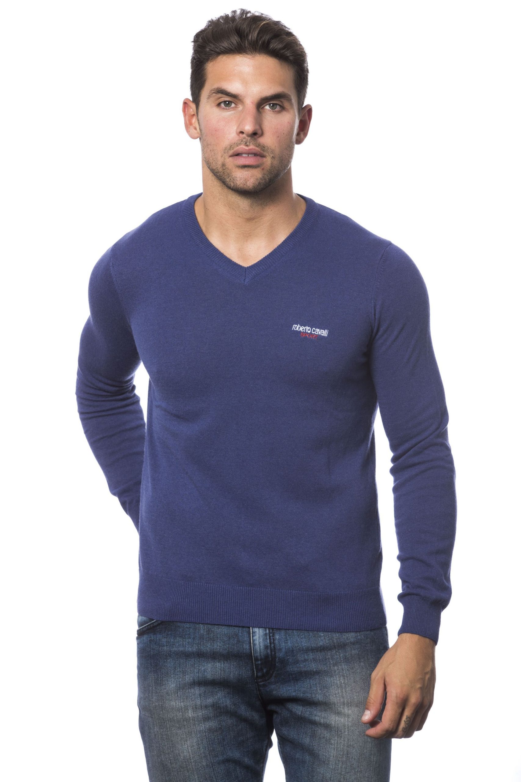 Roberto Cavalli Sport Homme Pullover Slim Fit manches longues Bleu